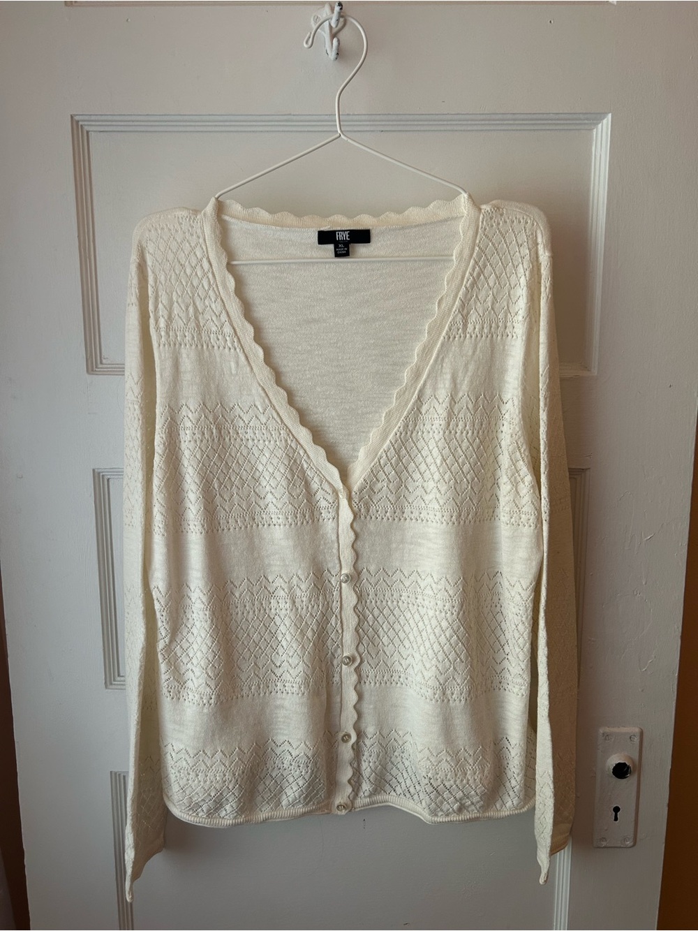 Frye Cream Scalloped V-Neck Knit Cardigan
